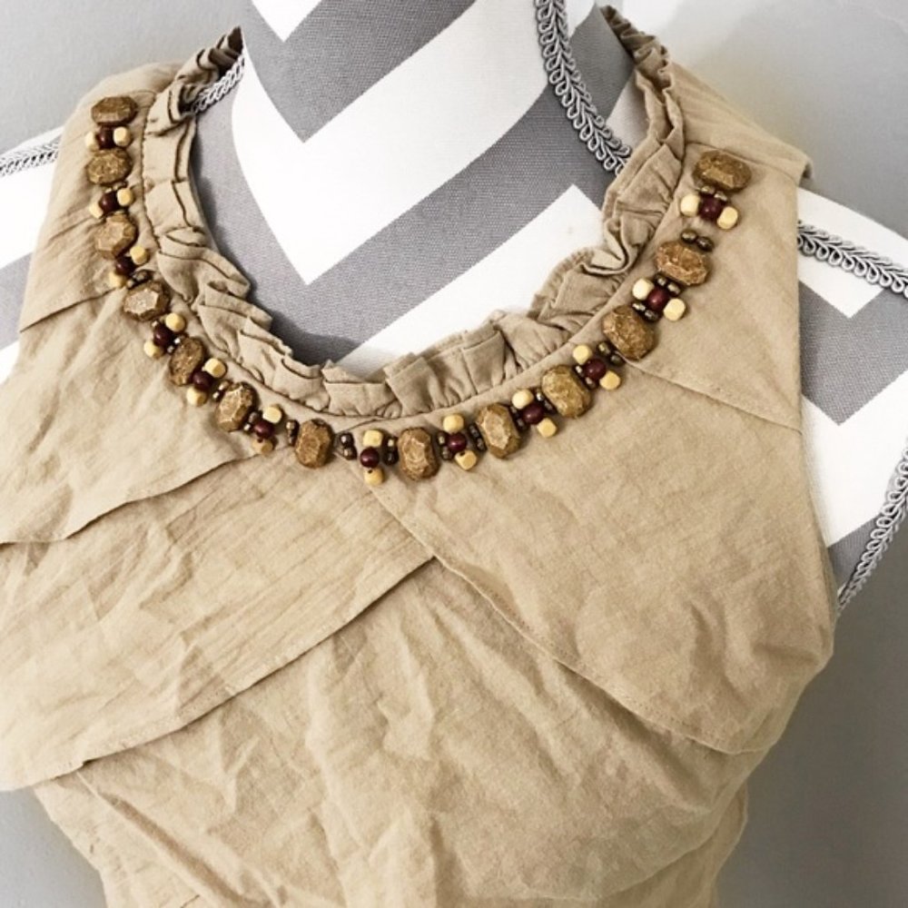 Tiered Sleeveless Mini A Line Tan Boho Chic Casual Dress Bejewelled Rock Detail - Picture 4 of 11